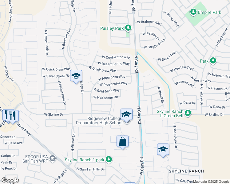 map of restaurants, bars, coffee shops, grocery stores, and more near 1765 West Gold Mine Way in Queen Creek