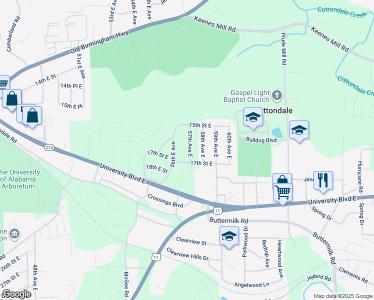 map of restaurants, bars, coffee shops, grocery stores, and more near 1640 57th Avenue East in Tuscaloosa