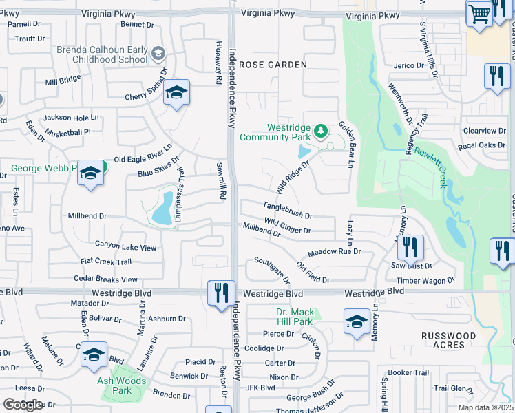 map of restaurants, bars, coffee shops, grocery stores, and more near 9921 Tanglebrush Drive in McKinney