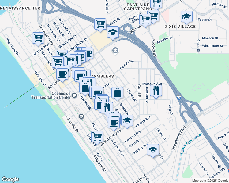 map of restaurants, bars, coffee shops, grocery stores, and more near 330 South Nevada Street in Oceanside