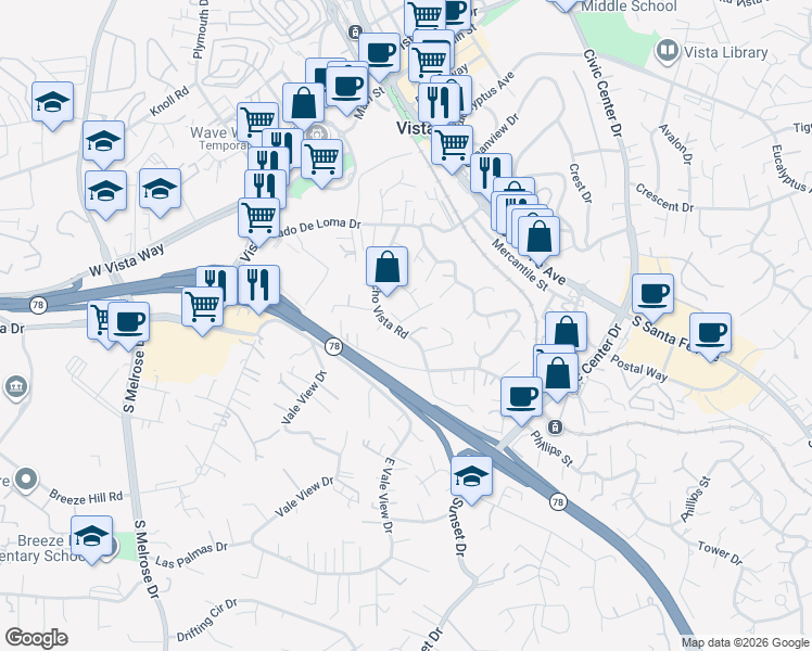 map of restaurants, bars, coffee shops, grocery stores, and more near 526 Pina Lane in Vista