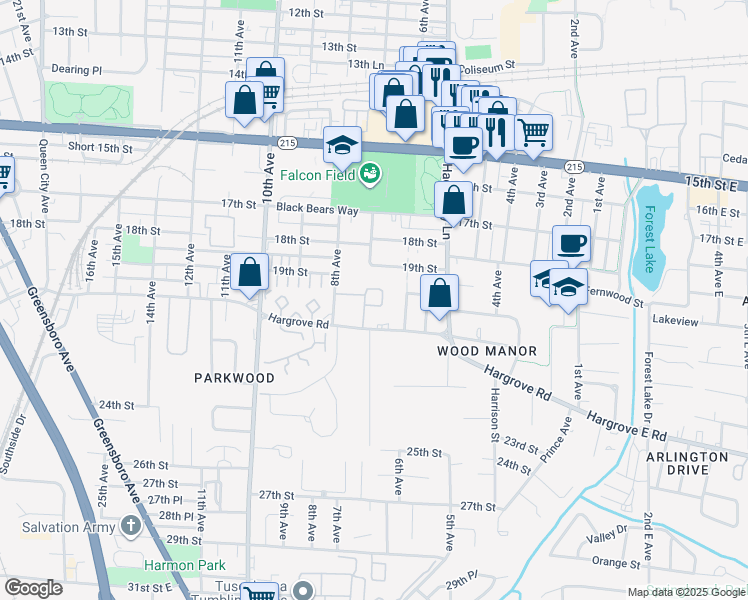 map of restaurants, bars, coffee shops, grocery stores, and more near 8 Fountain Square in Tuscaloosa