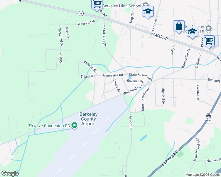 map of restaurants, bars, coffee shops, grocery stores, and more near 107 Center Street in Moncks Corner