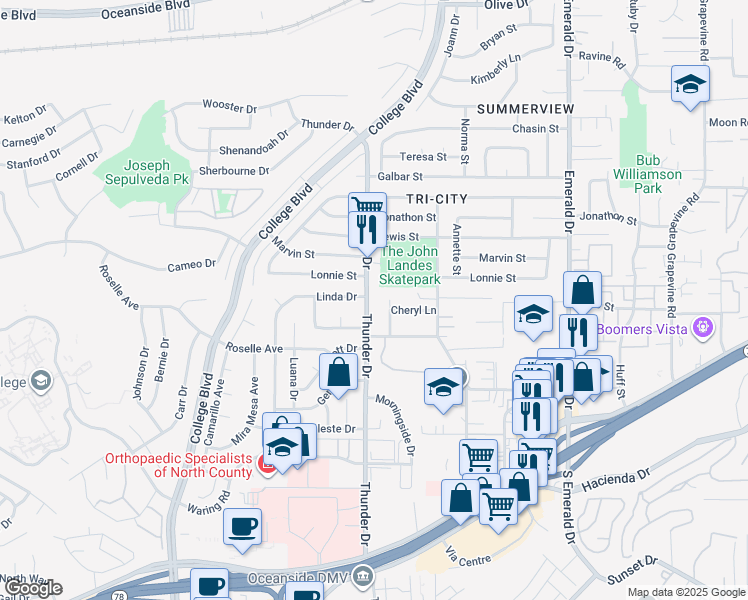 map of restaurants, bars, coffee shops, grocery stores, and more near 2908 Thunder Drive in Oceanside