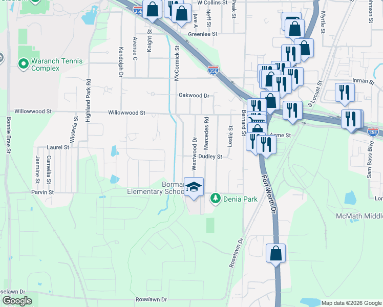 map of restaurants, bars, coffee shops, grocery stores, and more near 2118 Westwood Drive in Denton