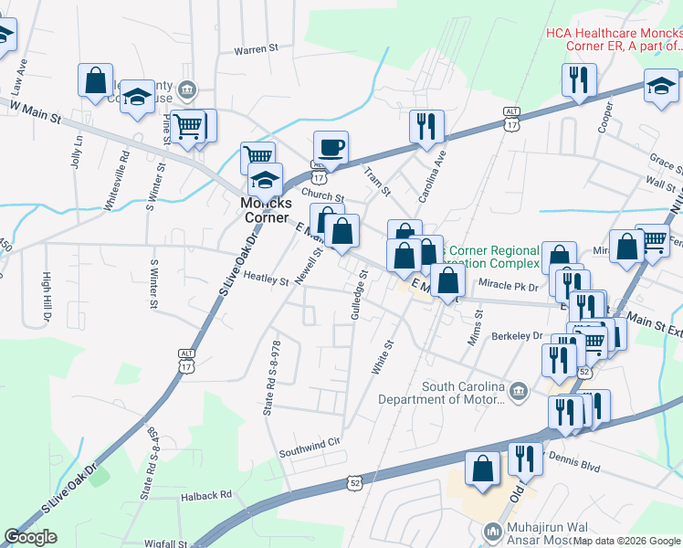 map of restaurants, bars, coffee shops, grocery stores, and more near 112 Stoney Avenue in Moncks Corner