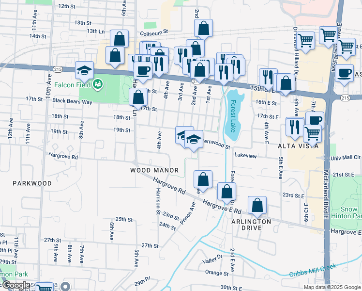 map of restaurants, bars, coffee shops, grocery stores, and more near 2000 1st Avenue in Tuscaloosa