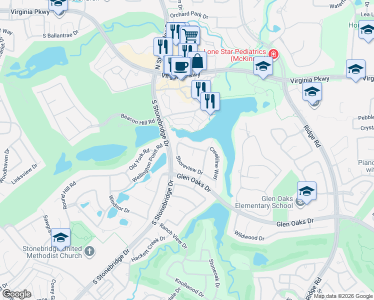 map of restaurants, bars, coffee shops, grocery stores, and more near 6909 Edgewater Drive in McKinney
