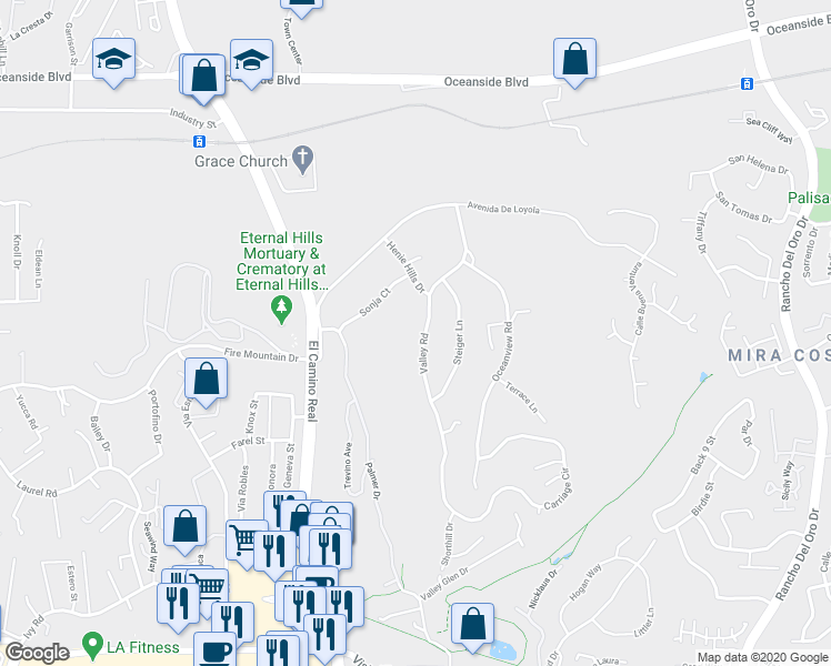 map of restaurants, bars, coffee shops, grocery stores, and more near 2041 Valley Road in Oceanside