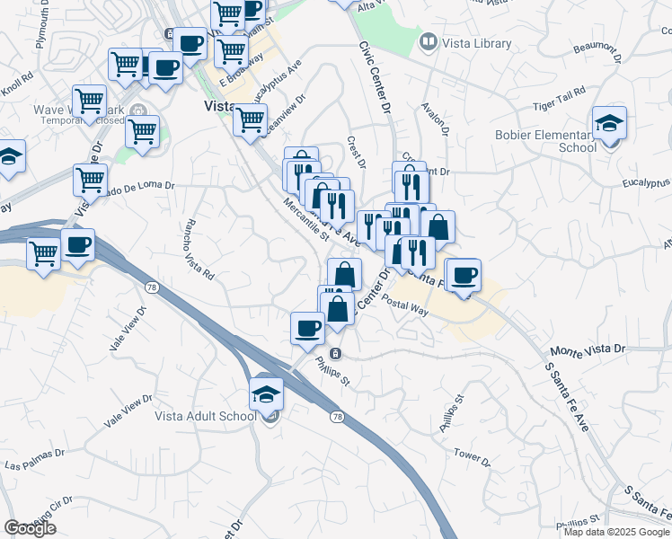 map of restaurants, bars, coffee shops, grocery stores, and more near 753 Rincon Street in Vista