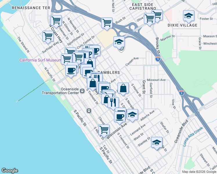 map of restaurants, bars, coffee shops, grocery stores, and more near 312 South Ditmar Street in Oceanside