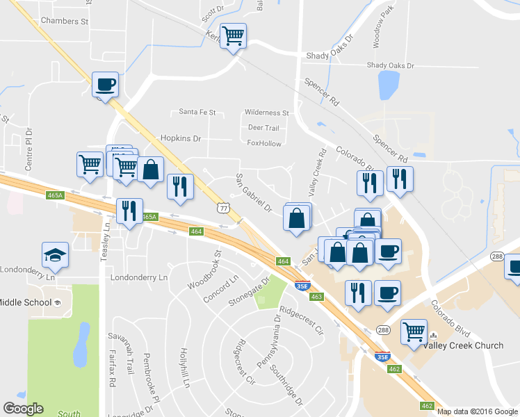 map of restaurants, bars, coffee shops, grocery stores, and more near 1500 San Gabriel Drive in Denton