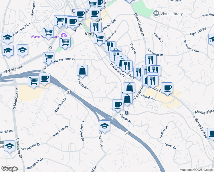 map of restaurants, bars, coffee shops, grocery stores, and more near 481 Lado De Loma Drive in Vista