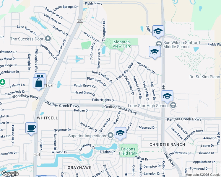 map of restaurants, bars, coffee shops, grocery stores, and more near 13864 Plum Valley Drive in Frisco