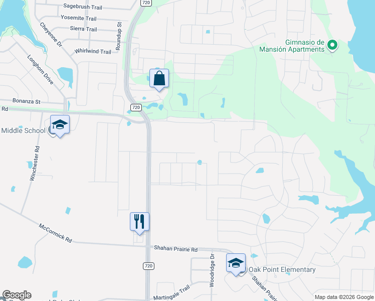 map of restaurants, bars, coffee shops, grocery stores, and more near 3297 Farm to Market Road 720 in Oak Point