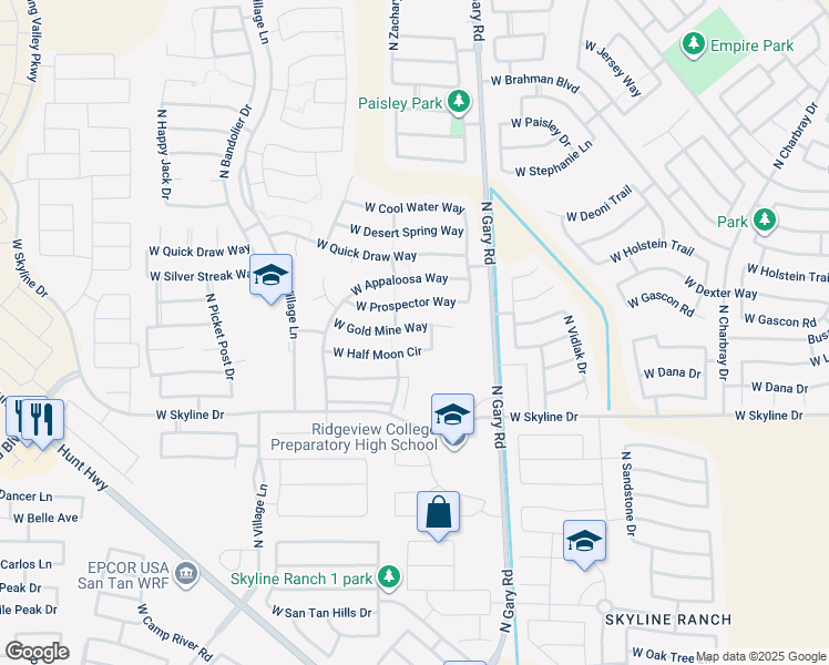 map of restaurants, bars, coffee shops, grocery stores, and more near 1765 West Gold Mine Way in Queen Creek
