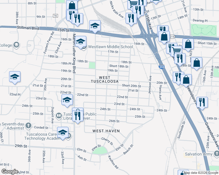 map of restaurants, bars, coffee shops, grocery stores, and more near 2034 29th Ave in Tuscaloosa