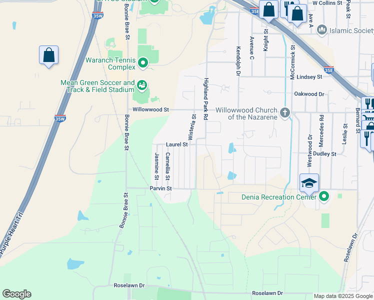 map of restaurants, bars, coffee shops, grocery stores, and more near 1902 Wisteria Street in Denton
