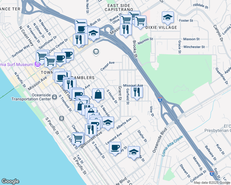 map of restaurants, bars, coffee shops, grocery stores, and more near 1014 Washington Avenue in Oceanside