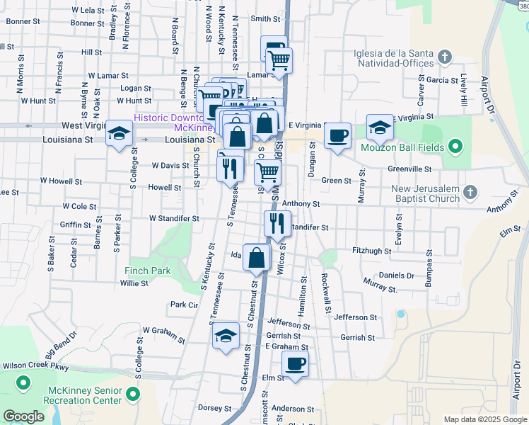 map of restaurants, bars, coffee shops, grocery stores, and more near 405 South Chestnut Street in McKinney