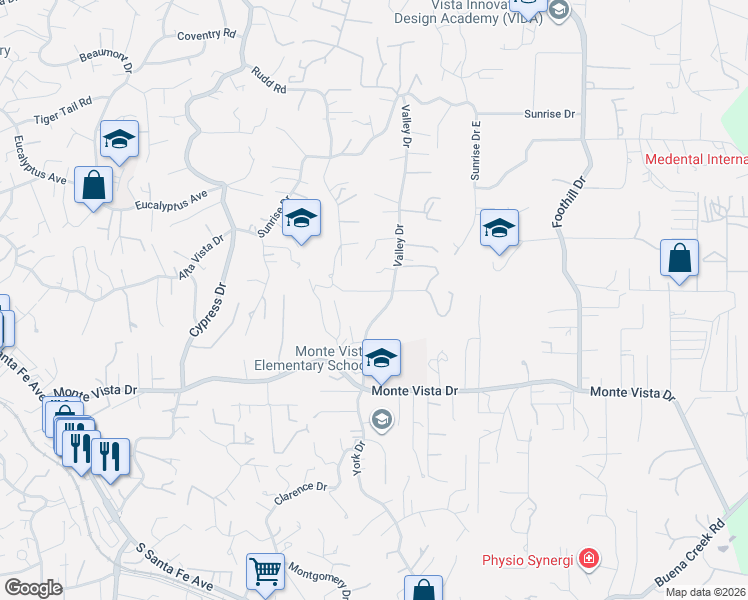 map of restaurants, bars, coffee shops, grocery stores, and more near 919 Valley Drive in Vista