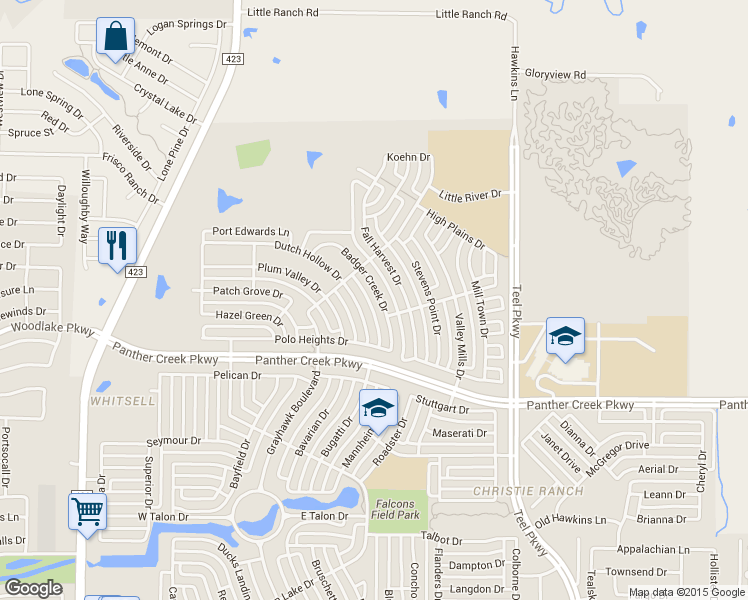 map of restaurants, bars, coffee shops, grocery stores, and more near 13881 Badger Creek Drive in Frisco