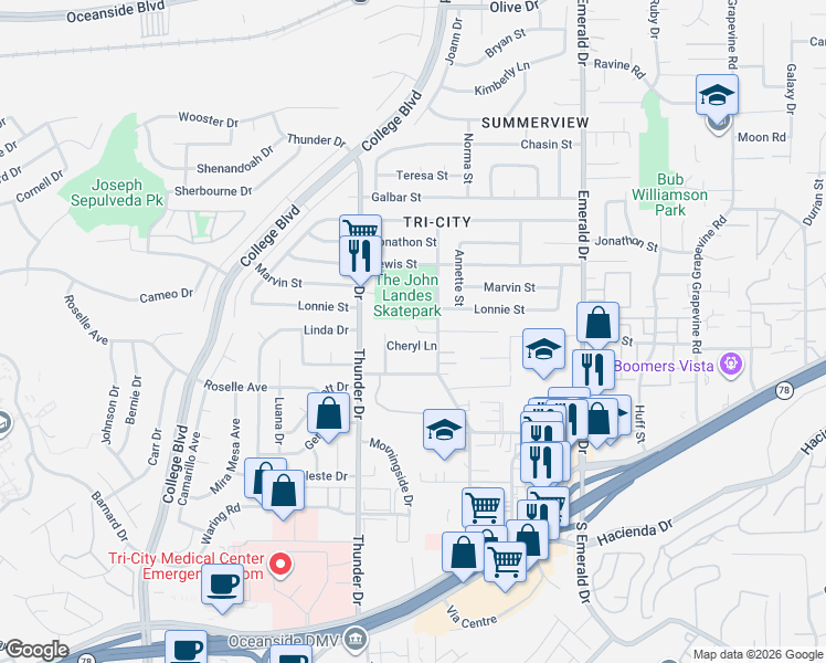 map of restaurants, bars, coffee shops, grocery stores, and more near 334 Cedar Road in Vista