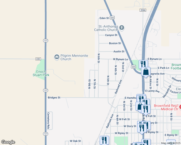 map of restaurants, bars, coffee shops, grocery stores, and more near 1326 North 8th Street in Brownfield