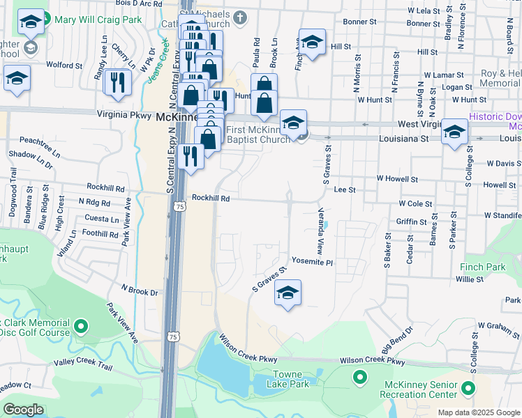map of restaurants, bars, coffee shops, grocery stores, and more near 1705 Rockhill Road in McKinney