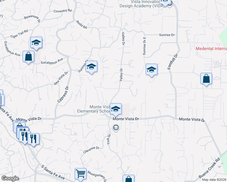 map of restaurants, bars, coffee shops, grocery stores, and more near 919 Valley Drive in Vista