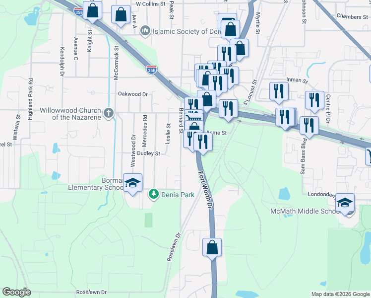 map of restaurants, bars, coffee shops, grocery stores, and more near 2103 Bernard Street in Denton