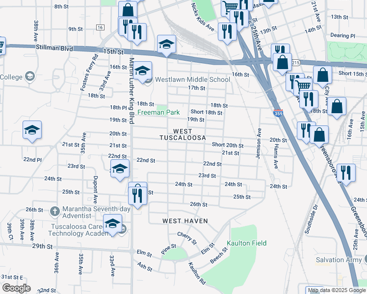 map of restaurants, bars, coffee shops, grocery stores, and more near 2034 29th Avenue in Tuscaloosa