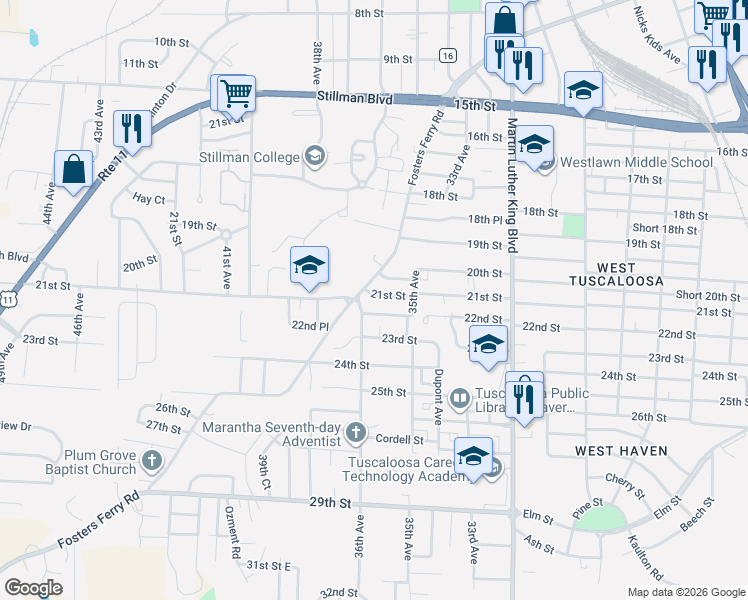 map of restaurants, bars, coffee shops, grocery stores, and more near 3611 21st Street in Tuscaloosa