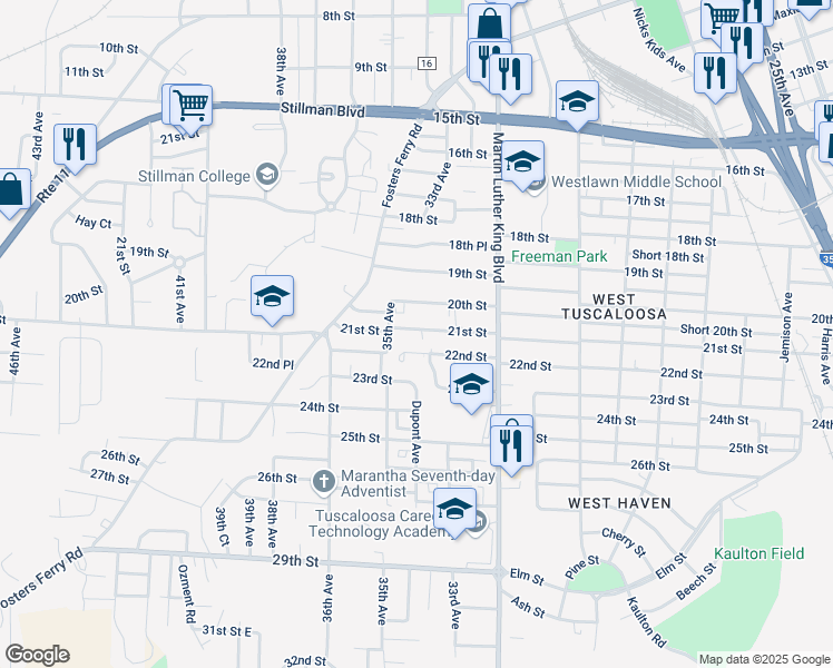 map of restaurants, bars, coffee shops, grocery stores, and more near 3403 21st Street in Tuscaloosa
