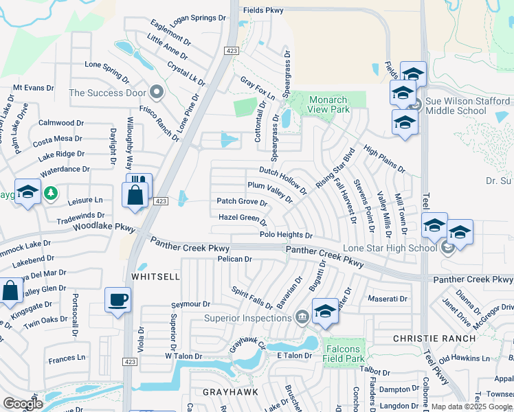 map of restaurants, bars, coffee shops, grocery stores, and more near 1383 Patch Grove Drive in Frisco