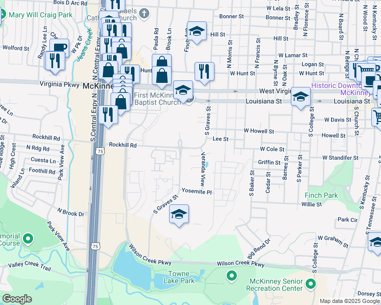 map of restaurants, bars, coffee shops, grocery stores, and more near 1516 Portico Place in McKinney