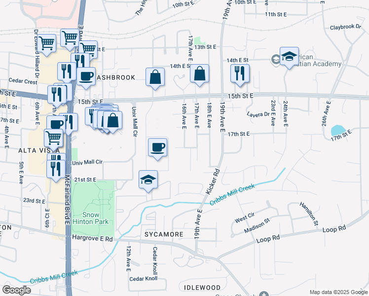 map of restaurants, bars, coffee shops, grocery stores, and more near 1511 18th Street East in Tuscaloosa