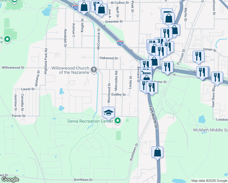 map of restaurants, bars, coffee shops, grocery stores, and more near 2118 Jacqueline Drive in Denton