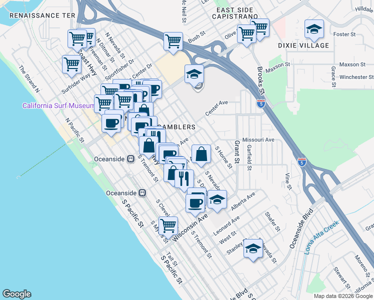 map of restaurants, bars, coffee shops, grocery stores, and more near 315 South Nevada Street in Oceanside
