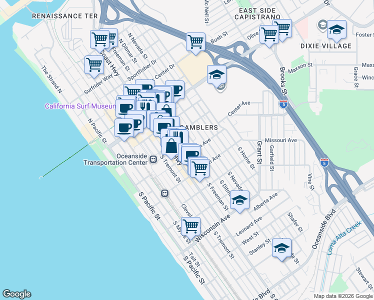 map of restaurants, bars, coffee shops, grocery stores, and more near 232 South Freeman Street in Oceanside