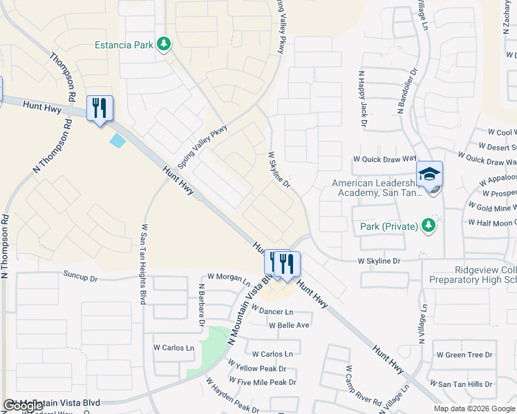 map of restaurants, bars, coffee shops, grocery stores, and more near 5390 West Hunt Highway in Queen Creek