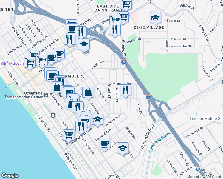 map of restaurants, bars, coffee shops, grocery stores, and more near 520 Grant Street in Oceanside