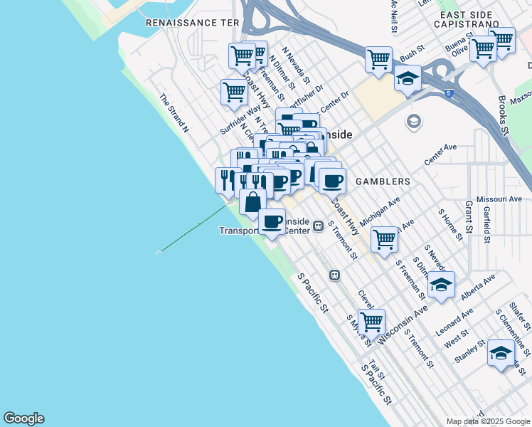 map of restaurants, bars, coffee shops, grocery stores, and more near 101 Mission Avenue in Oceanside