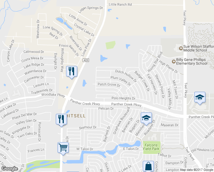 map of restaurants, bars, coffee shops, grocery stores, and more near 1257 Patch Grove Drive in Frisco