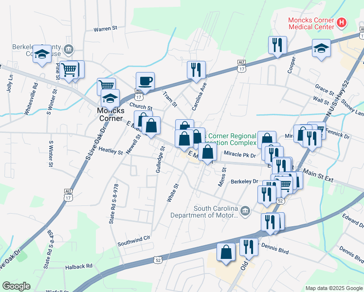 map of restaurants, bars, coffee shops, grocery stores, and more near 304 East Main Street in Moncks Corner