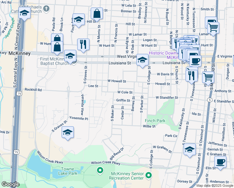 map of restaurants, bars, coffee shops, grocery stores, and more near 1105 West Cole Street in McKinney