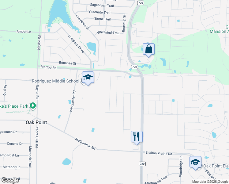 map of restaurants, bars, coffee shops, grocery stores, and more near 1796 Monarch Haven Way in Oak Point