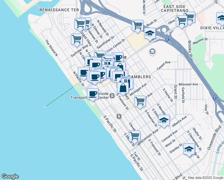 map of restaurants, bars, coffee shops, grocery stores, and more near 235 South Tremont Street in Oceanside