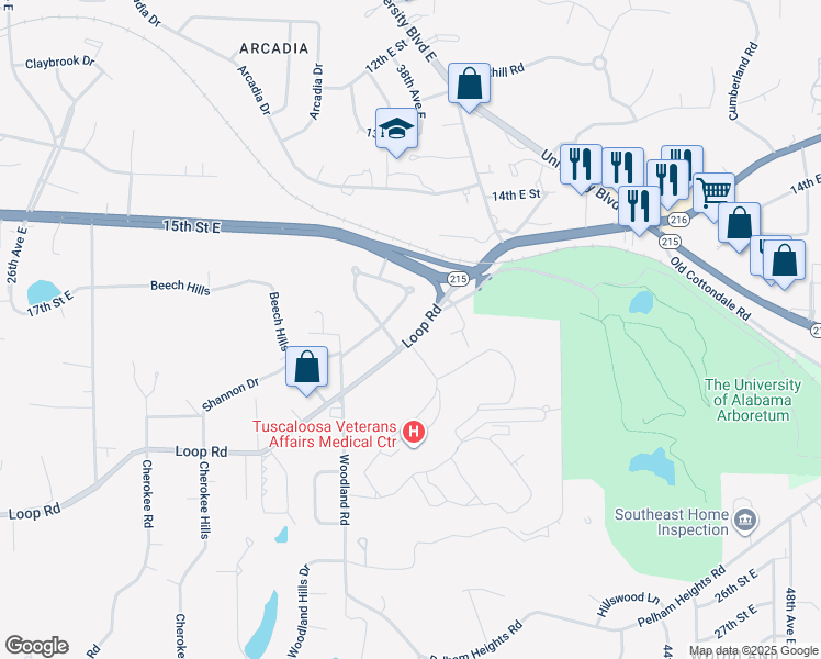 map of restaurants, bars, coffee shops, grocery stores, and more near 3730 Loop Road in Tuscaloosa