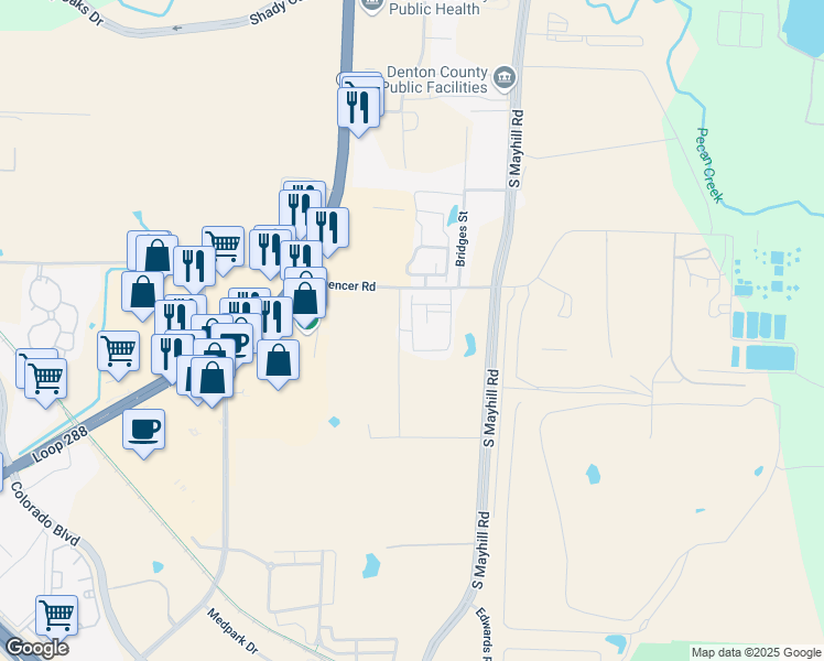 map of restaurants, bars, coffee shops, grocery stores, and more near North Star Drive in Denton
